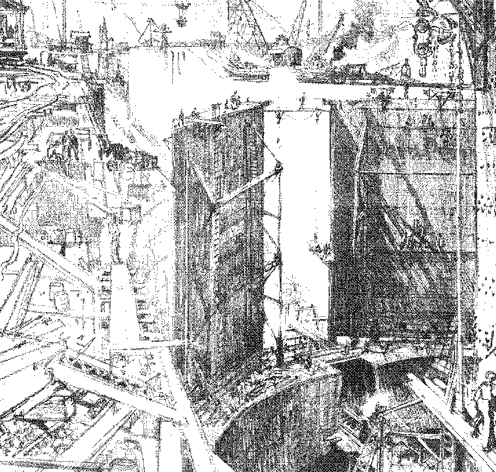 Joseph Pennell's 1912 lithograph of the guard gate at Gatun Lock, standing closed in a dry chamber