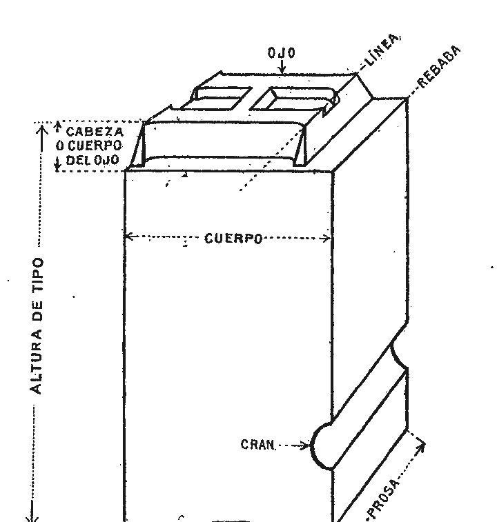 A diagram naming every part of a single piece of metal type