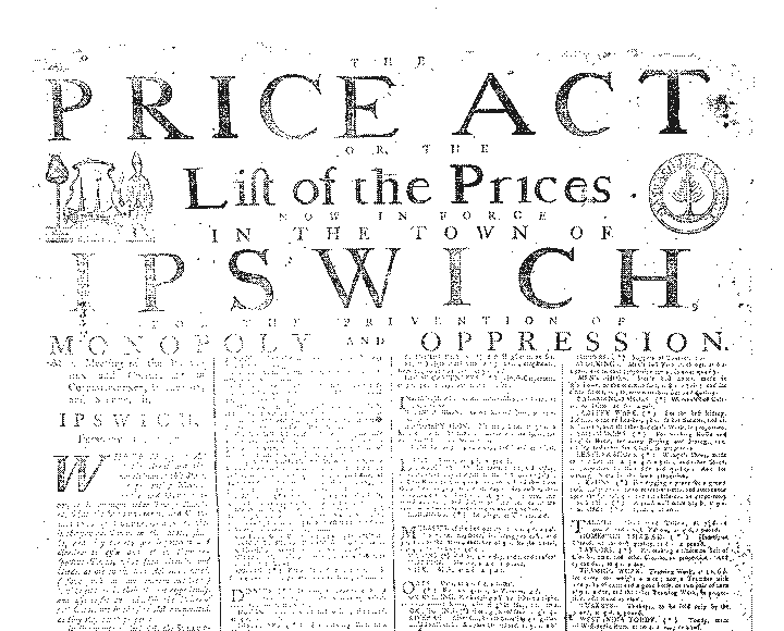 The Price Act broadside of 1777, fixing the price of every commodity in the town of Ipswich